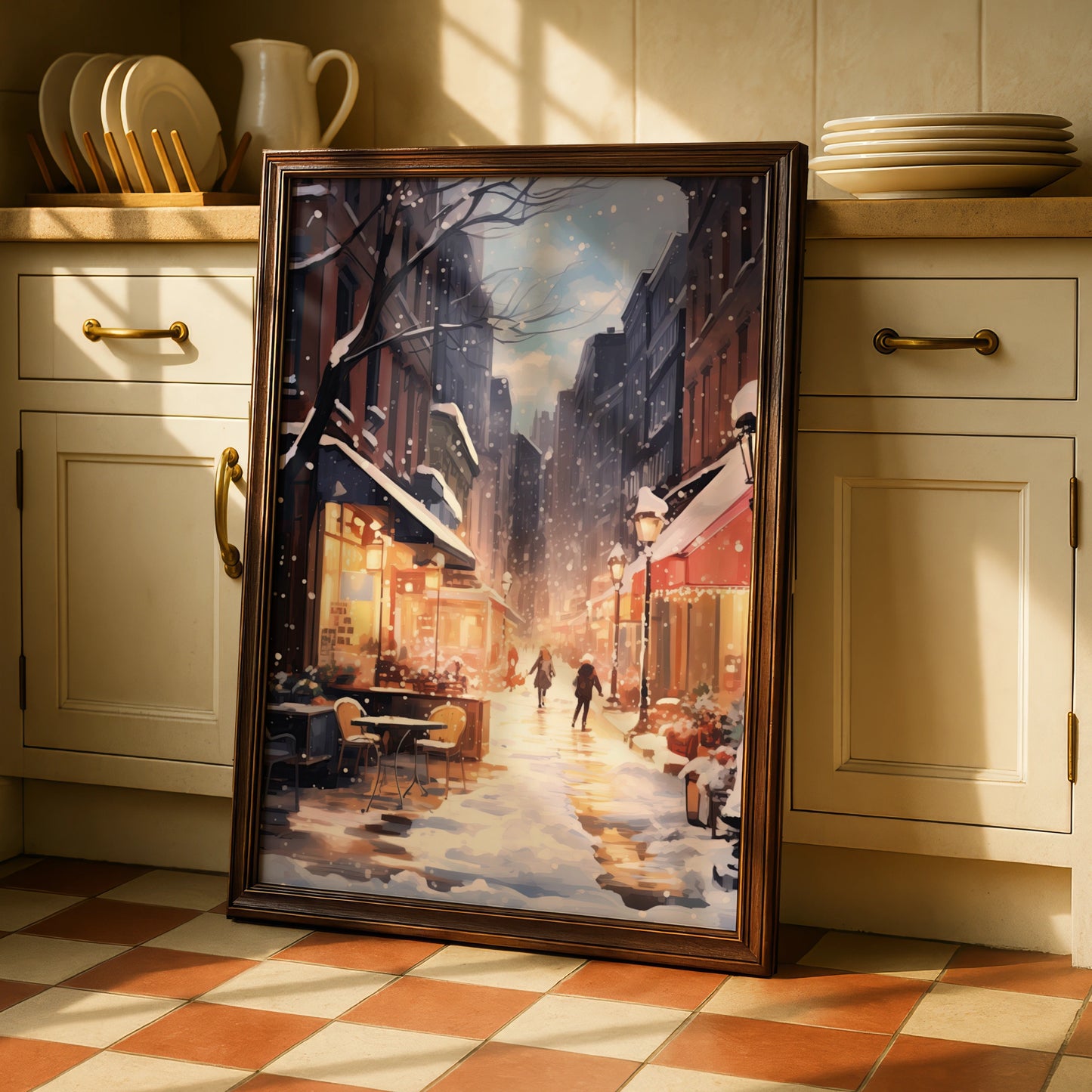 Christmas City Street Poster, Snowy Winter Scene Wall Art, Festive Holiday Print, Cosy Xmas Decor