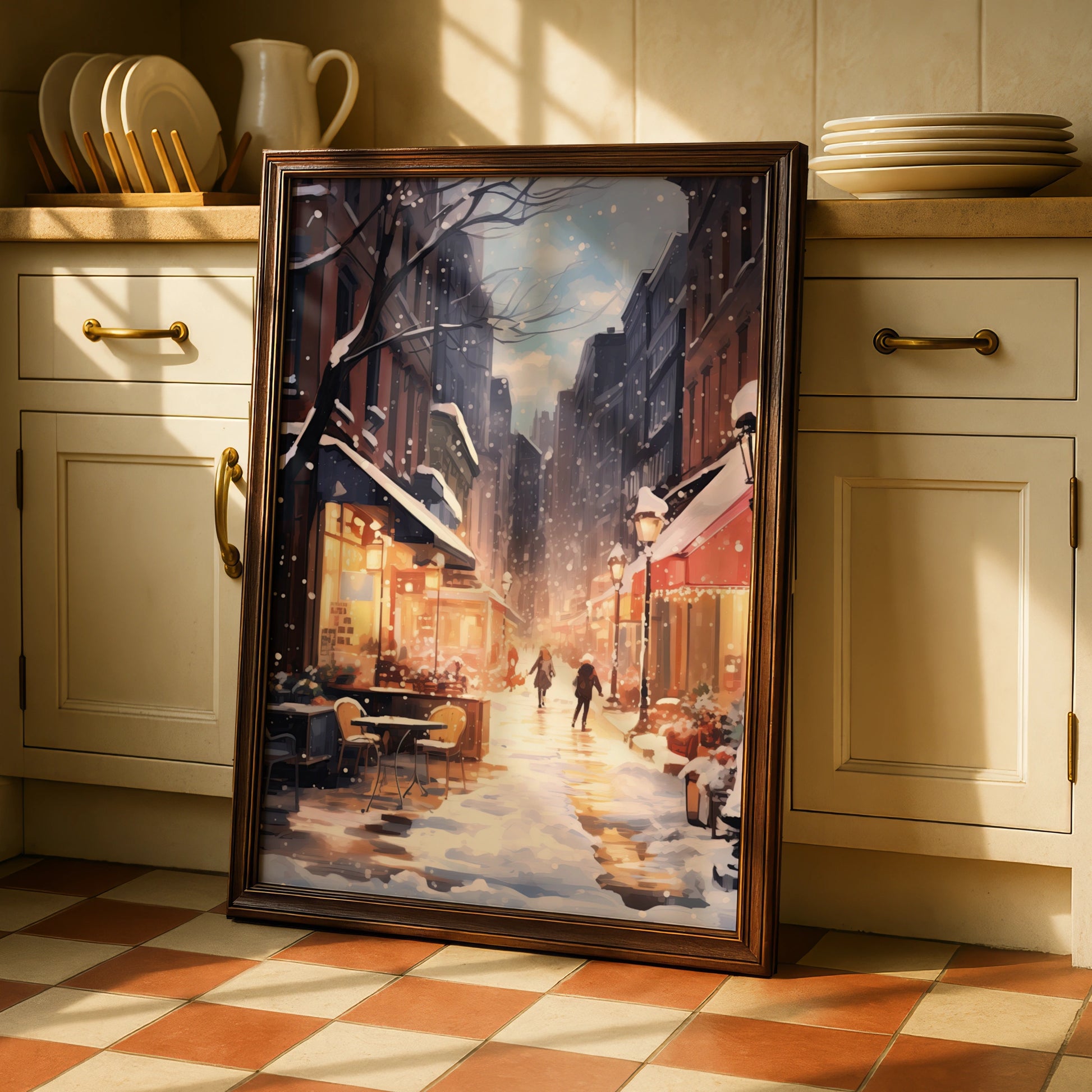 Christmas City Street Poster, Snowy Winter Scene Wall Art, Festive Holiday Print, Cosy Xmas Decor