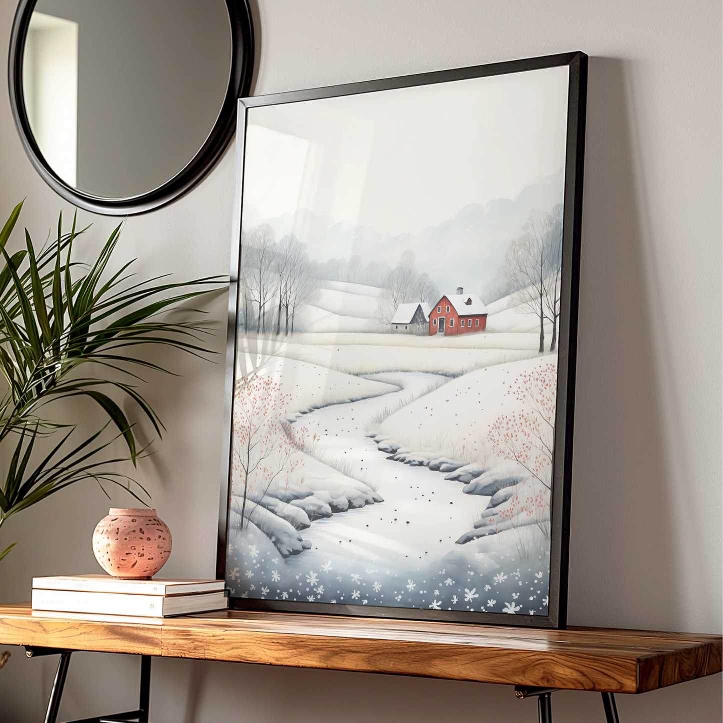 Christmas Winter Landscape Poster, Snowy Red Farmhouse Wall Art, Scandi Style Xmas Print