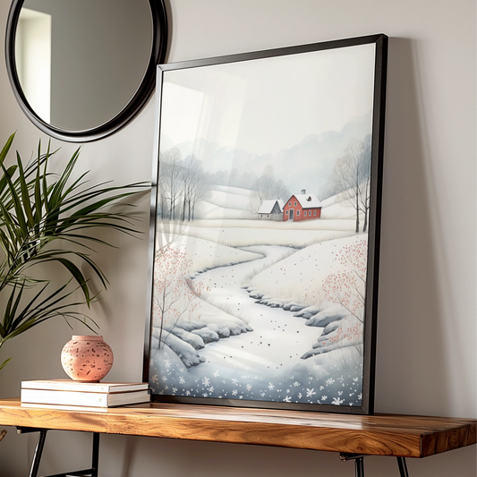 Christmas Winter Landscape Poster, Snowy Red Farmhouse Wall Art, Scandi Style Xmas Print
