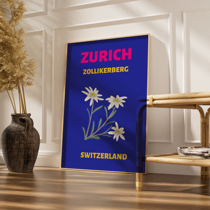Zurich Switzerland Travel Poster, Zollikerberg Edelweiss Retro Wall Art Print