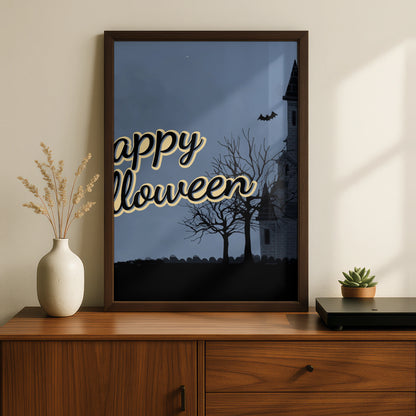 Happy Halloween Haunted House Poster, Spooky Castle Bats Full Moon Wall Art Print