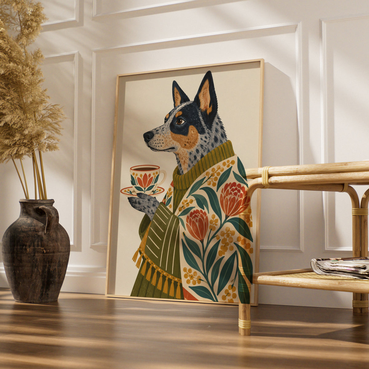 Australian Cattle Dog Art Print, Blue Heeler with Tea Cup, Floral Folk Wall Art