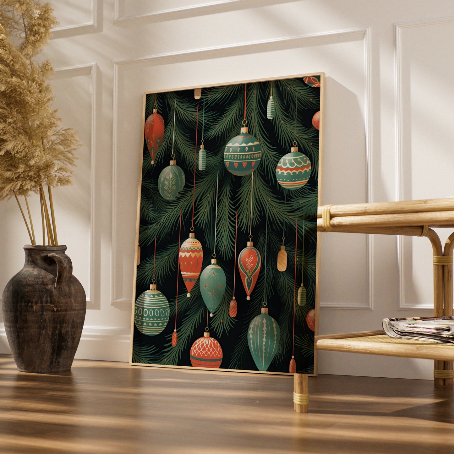 Christmas Baubles Poster, Festive Ornaments Wall Art, Retro Xmas Tree Print, Red Green