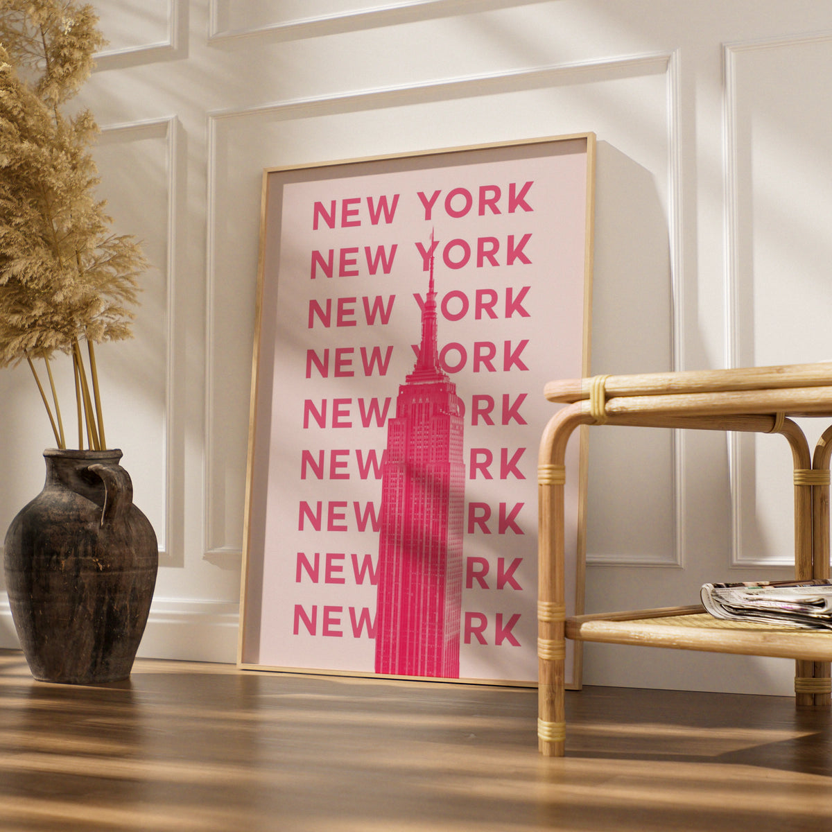 New York City Travel Poster, Pink Empire State Building Wall Art, NYC Print