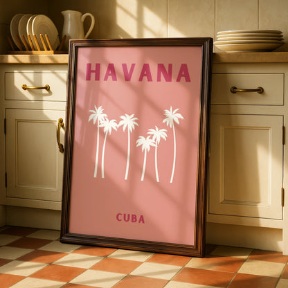 Havana Cuba Travel Poster, Retro Palm Tree Wall Art, Pink Tropical Print