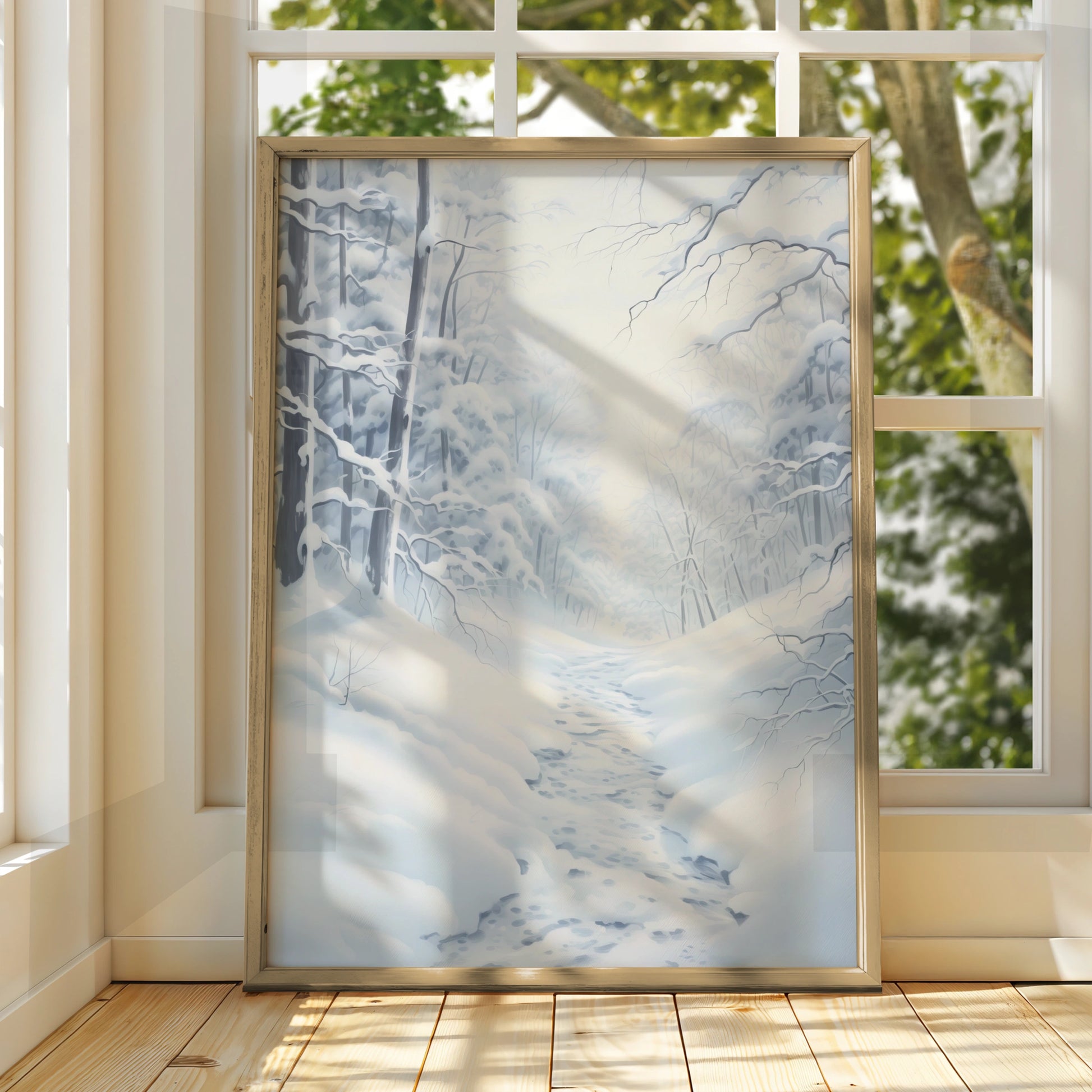 Snowy Winter Forest Christmas Poster, White Blue Woodland Path Wall Art Print