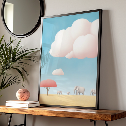 Elephant Nursery Wall Art, Baby Safari Print, Pastel Blue Kids Room Poster, Cute Animal Decor
