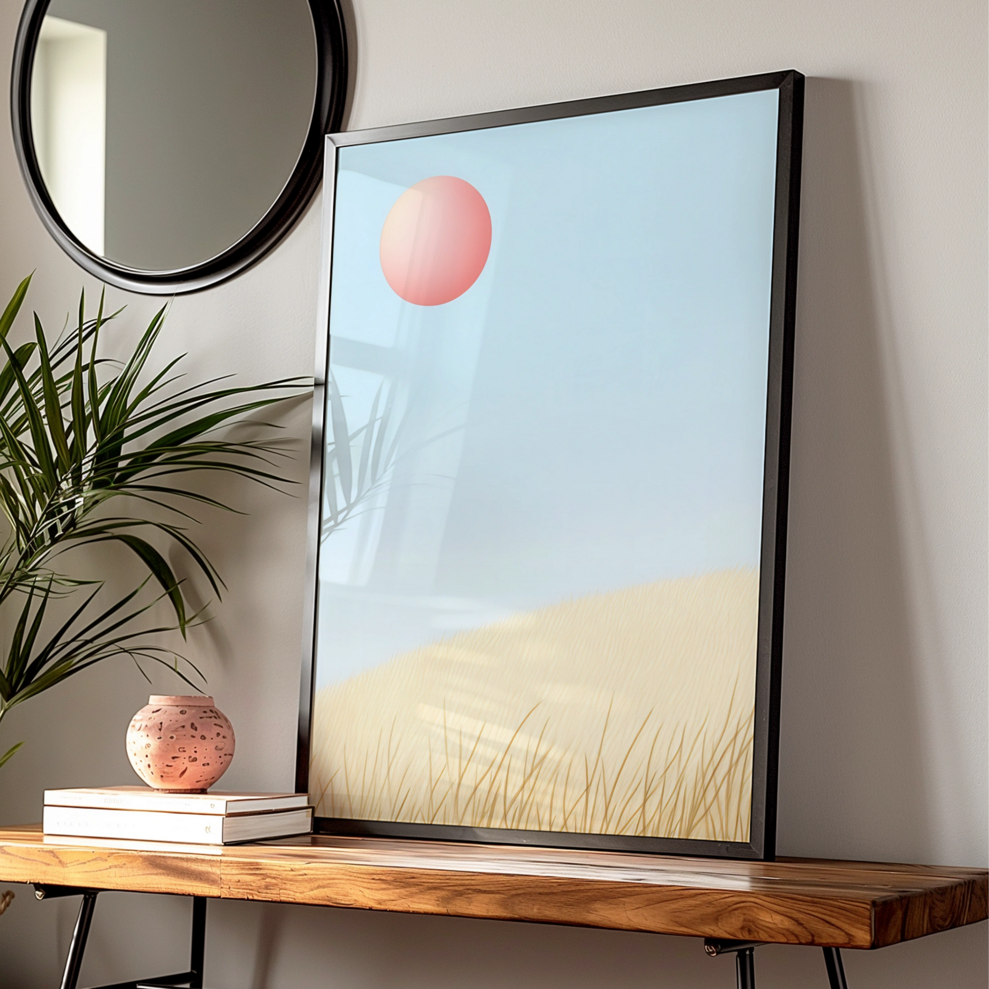 Nursery Wall Art Pink Sun Blue Sky, Minimalist Grass Landscape Print, Baby Room Poster