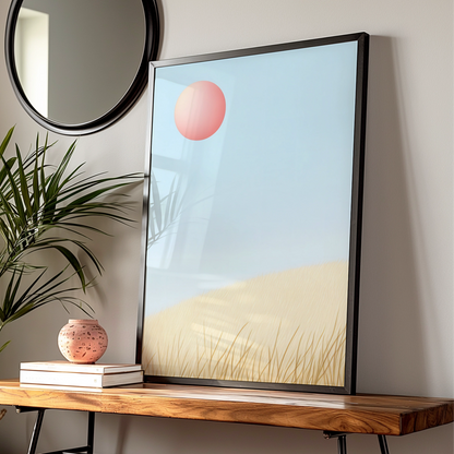 Nursery Wall Art Pink Sun Blue Sky, Minimalist Grass Landscape Print, Baby Room Poster