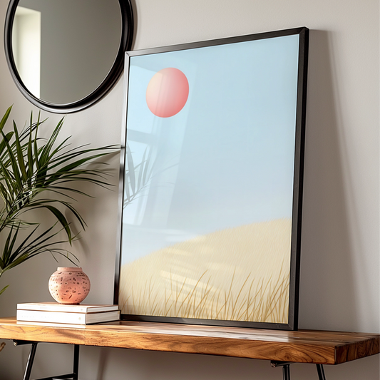 Nursery Wall Art Pink Sun Blue Sky, Minimalist Grass Landscape Print, Baby Room Poster
