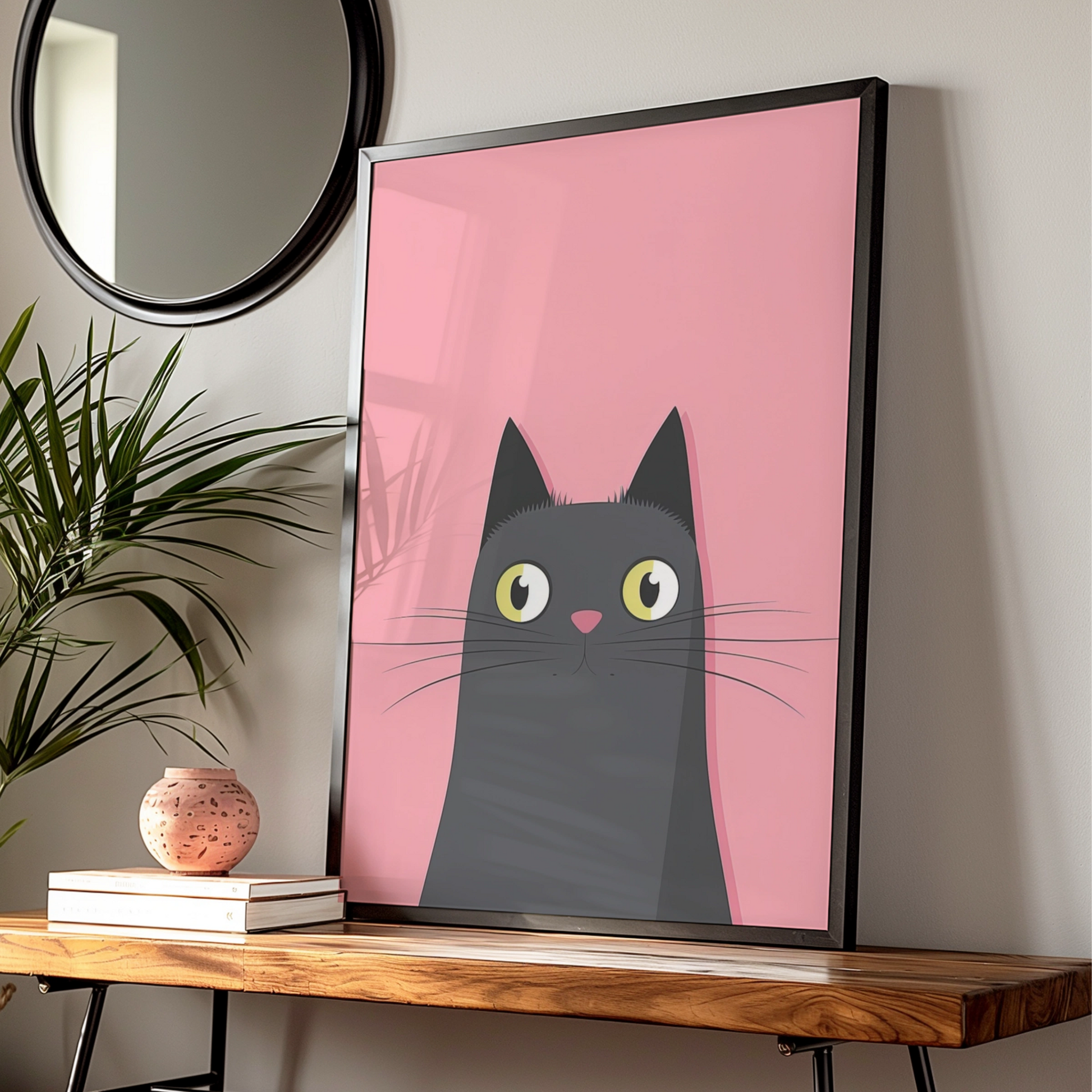 Black Cat Nursery Wall Art, Cute Cat Poster, Pink Kids Room Print, Minimalist Animal