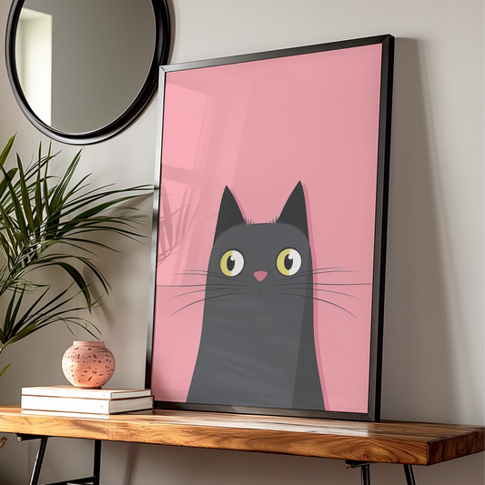 Black Cat Nursery Wall Art, Cute Cat Poster, Pink Kids Room Print, Minimalist Animal
