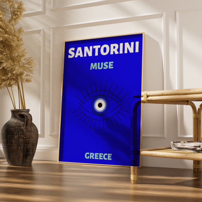 Santorini Greece Travel Poster, Evil Eye Wall Art, Greek Island Retro Print