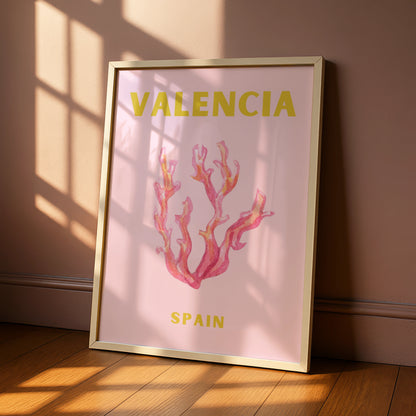 Valencia Spain Travel Poster, Coral Wall Art, Pink Retro Print, Spanish City Decor