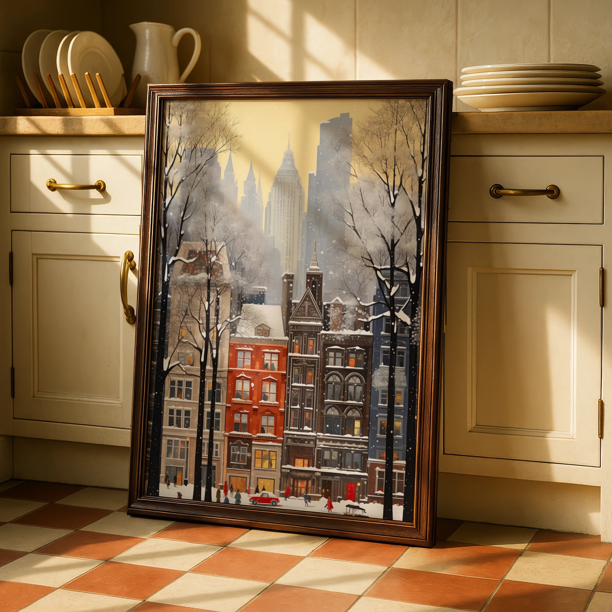 New York Christmas Poster, Snowy City Street Wall Art, Winter NYC Print, Holiday Festive Decor