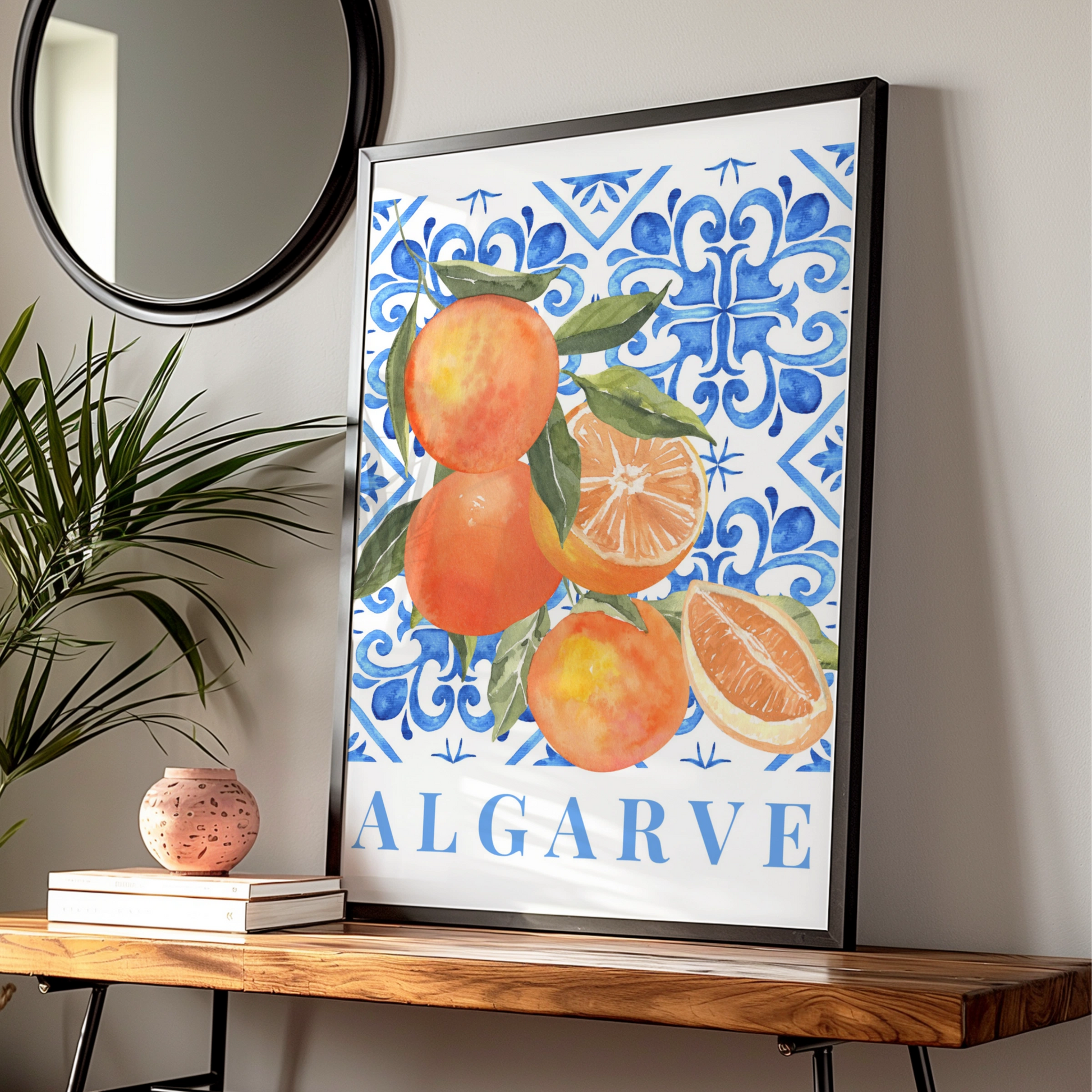 Algarve Orange Maximalist Poster, Portuguese Tile Wall Art, Blue Kitchen Print