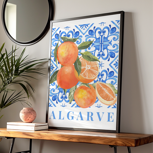 Algarve Orange Maximalist Poster, Portuguese Tile Wall Art, Blue Kitchen Print