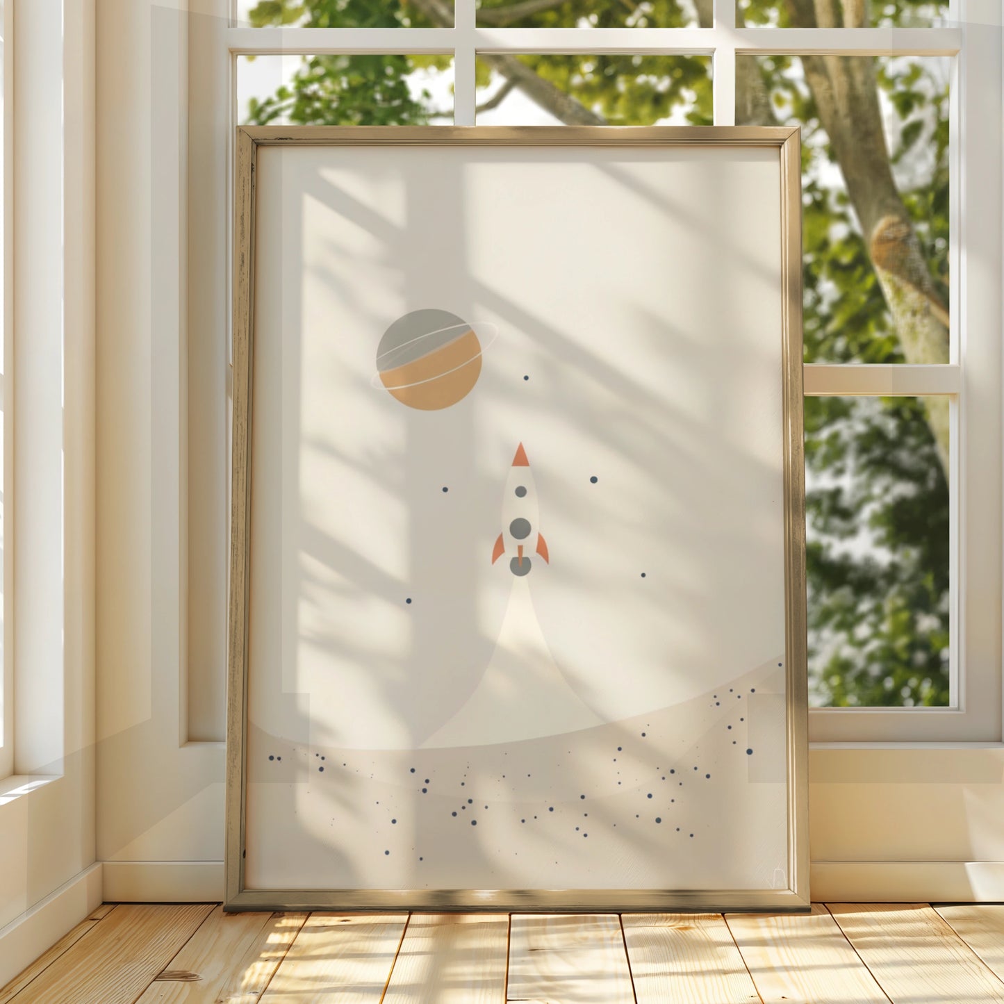 Rocket Space Nursery Wall Art, Boys Room Poster, Saturn Planet Print, Boho Beige Kids Decor
