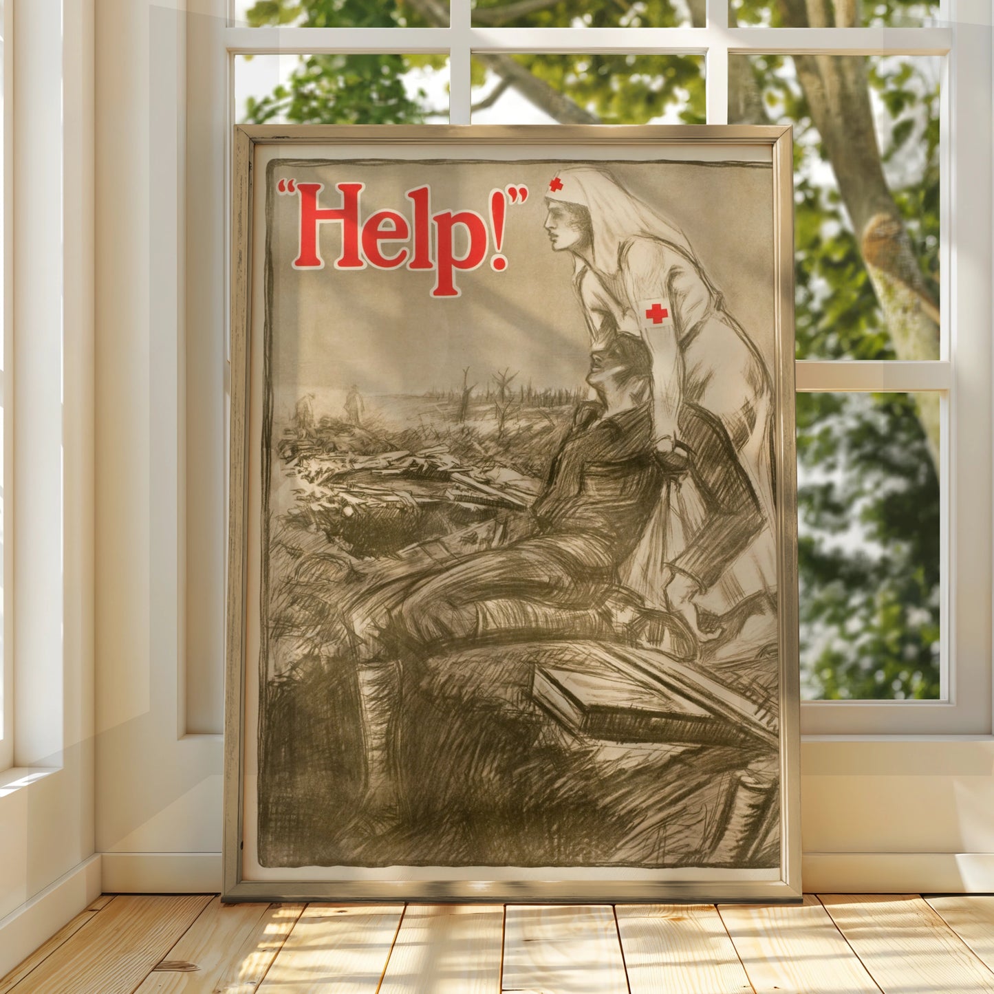 WWI Red Cross Nurse Help Poster, Vintage War Propaganda Wall Art Print, History