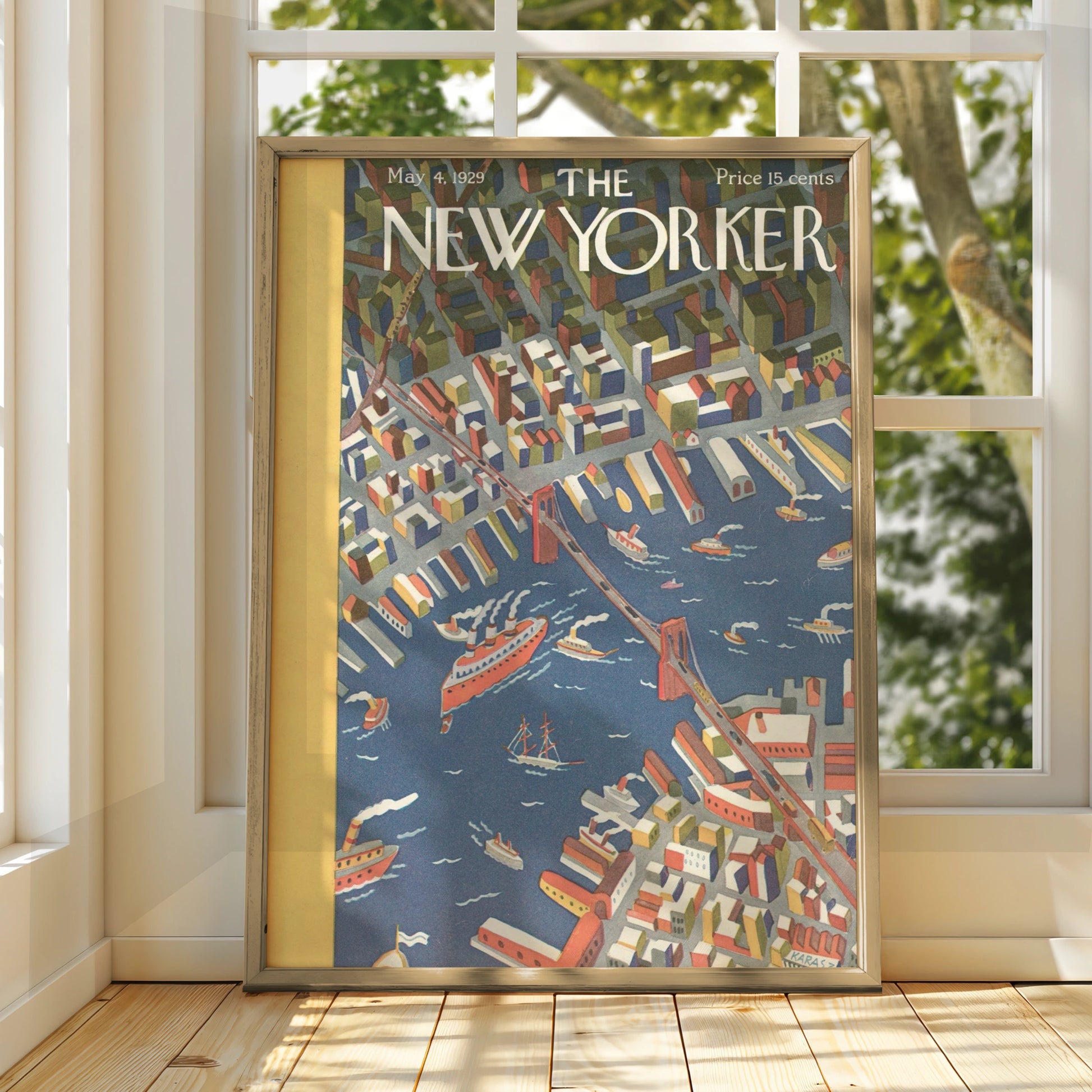 New Yorker 1929 Cover Poster, Brooklyn Bridge Aerial View, Vintage NYC Wall Art