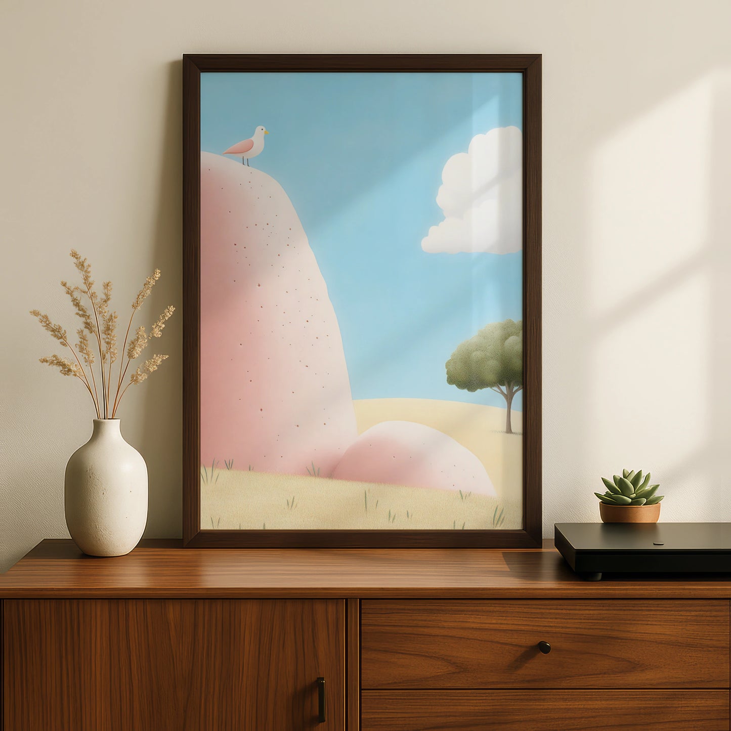 Nursery Wall Art Bird on Rock, Pastel Landscape Poster, Baby Room Decor Print