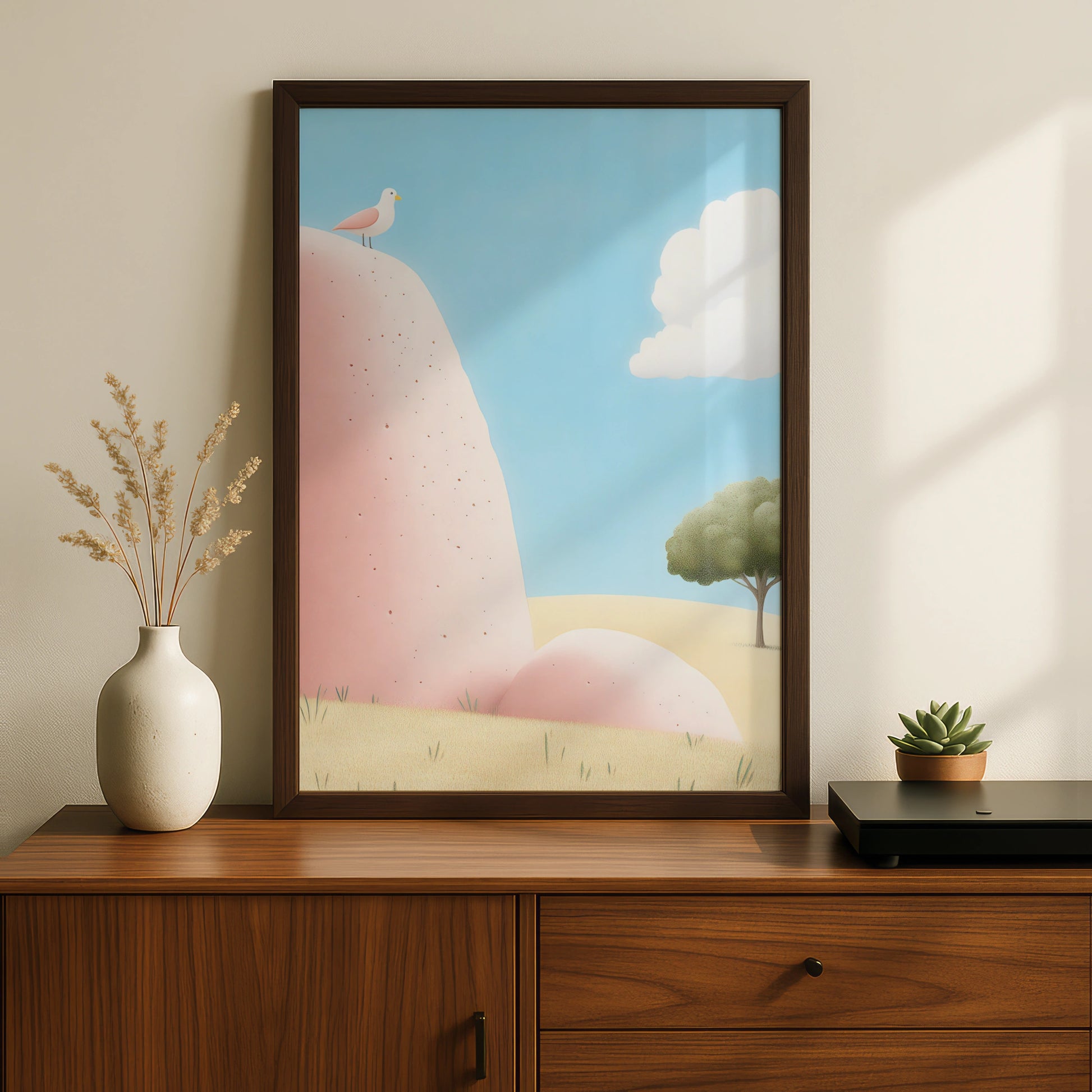 Nursery Wall Art Bird on Rock, Pastel Landscape Poster, Baby Room Decor Print