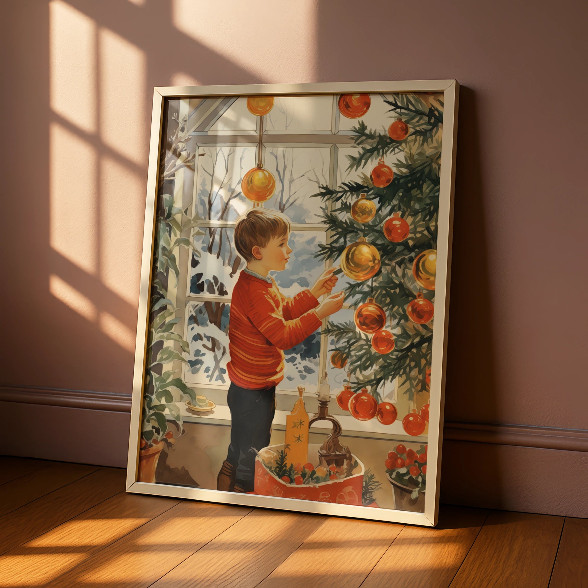 Christmas Tree Decoration Poster, Boy Hanging Baubles, Festive Retro Wall Art Print