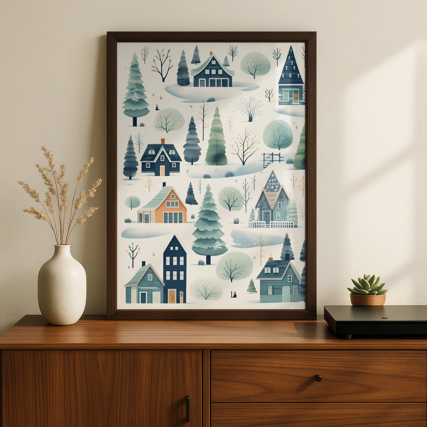 Christmas Winter Village Poster, Scandi Snow Scene, Festive Wall Art, Teal Blue Nordic Print