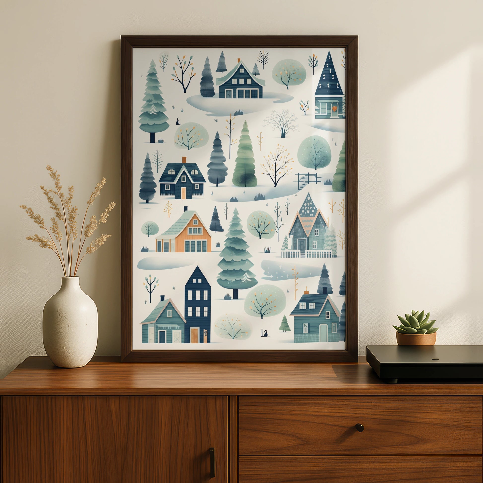 Christmas Winter Village Poster, Scandi Snow Scene, Festive Wall Art, Teal Blue Nordic Print