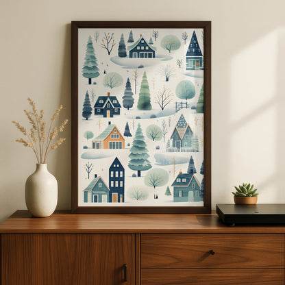 Christmas Winter Village Poster, Scandi Snow Scene, Festive Wall Art, Teal Blue Nordic Print