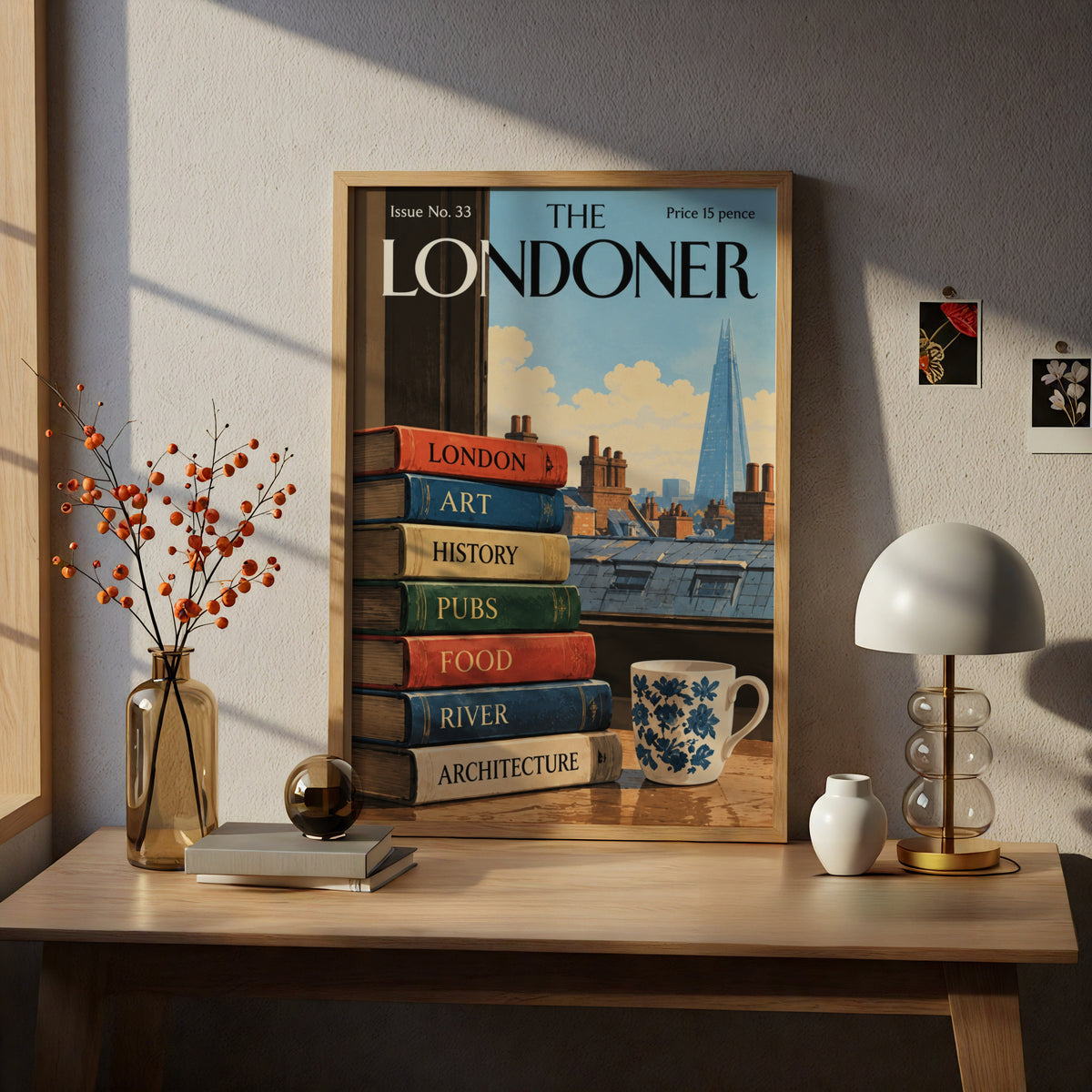 The Londoner Poster, London Skyline Wall Art, Vintage Magazine Cover Art Print, Books and Shard
