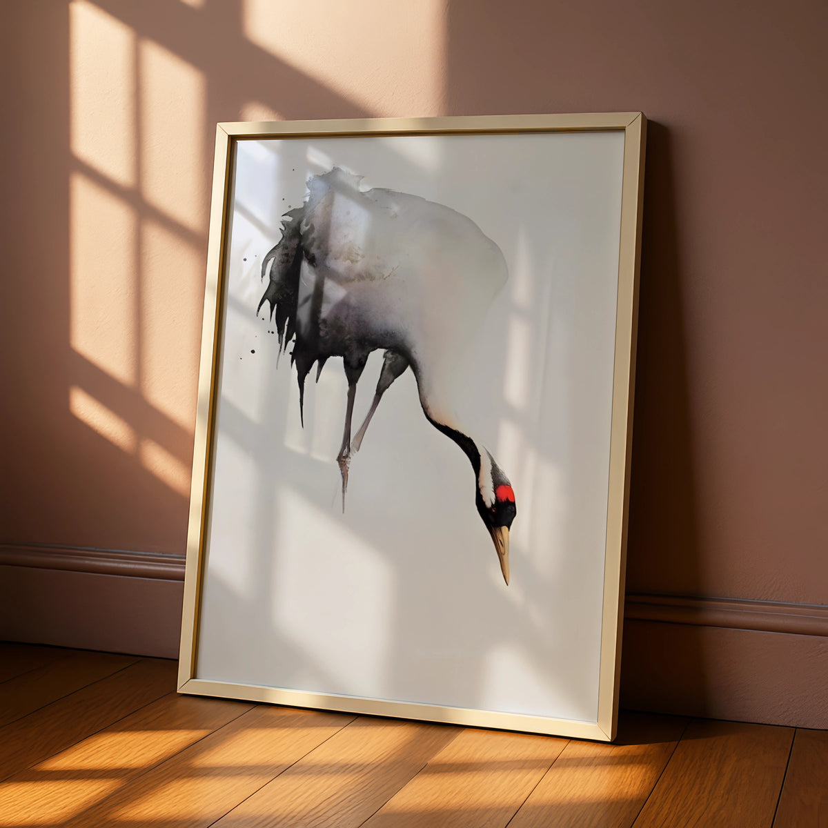 Red-Crowned Crane Print, Japanese Ink Art, Monochrome Bird Poster, Modern Wall Decor