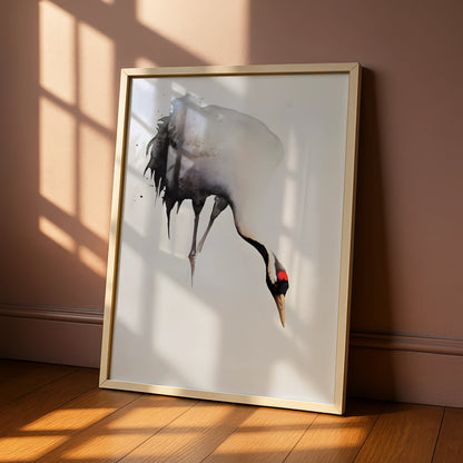 Red-Crowned Crane Print, Japanese Ink Art, Monochrome Bird Poster, Modern Wall Decor