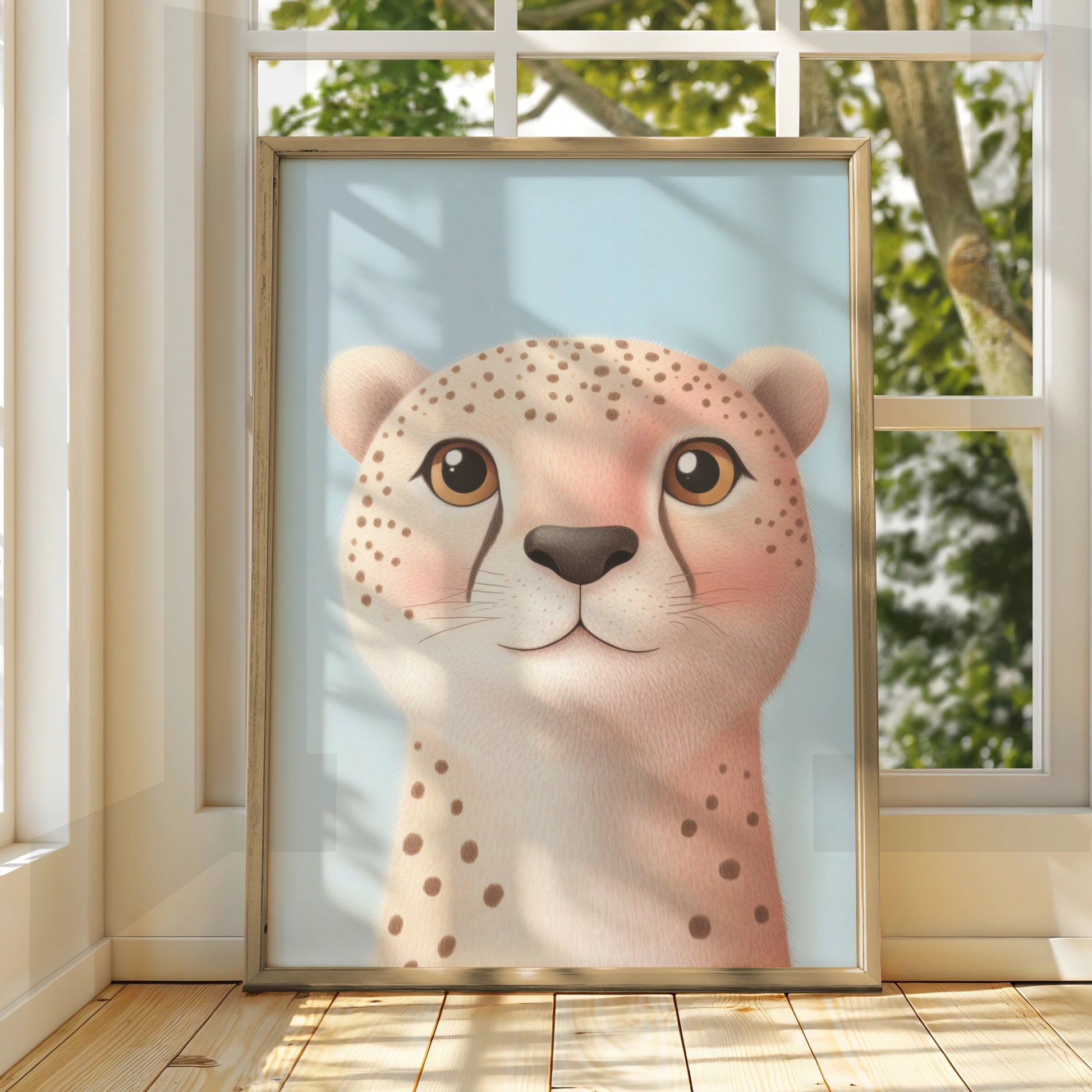 Cute Cheetah Nursery Wall Art, Baby Animal Print, Safari Kids Room Poster, Blue