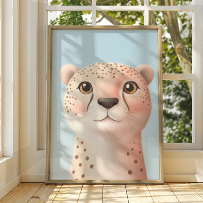 Cute Cheetah Nursery Wall Art, Baby Animal Print, Safari Kids Room Poster, Blue
