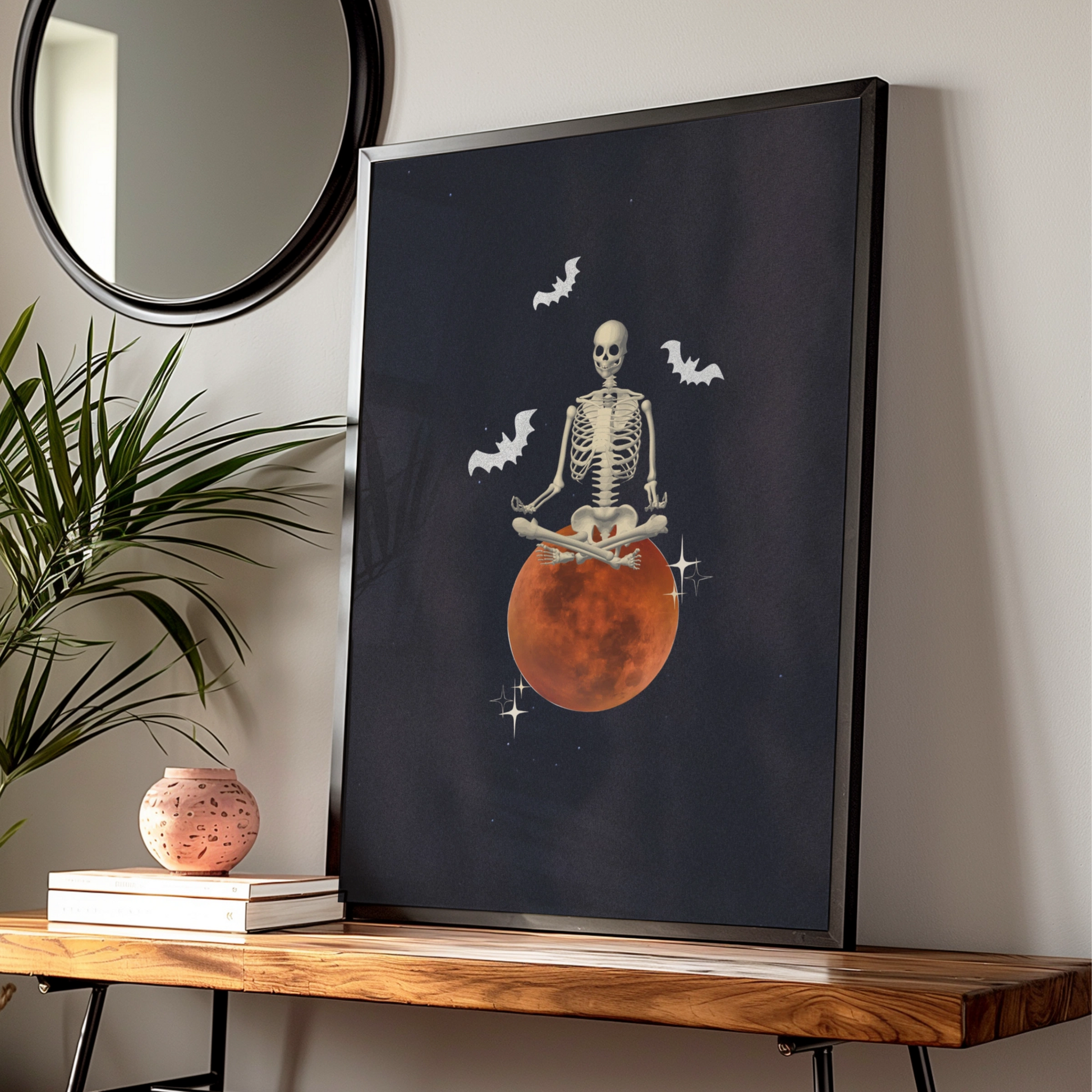Halloween Skeleton Meditation Poster, Blood Moon Bat Wall Art, Spooky Gothic Print