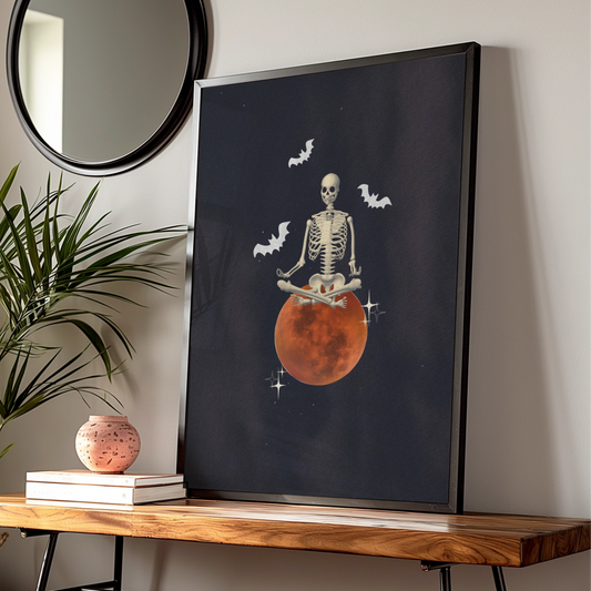 Halloween Skeleton Meditation Poster, Blood Moon Bat Wall Art, Spooky Gothic Print