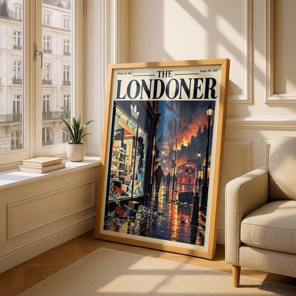 The Londoner Poster, London Street Riot Scene, Red Bus Night, Vintage Magazine Cover Wall Art Print