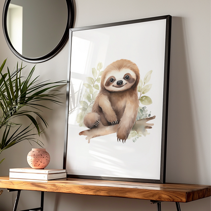 Cute Sloth Nursery Wall Art, Baby Animal Watercolour Poster, Kids Room Decor Print
