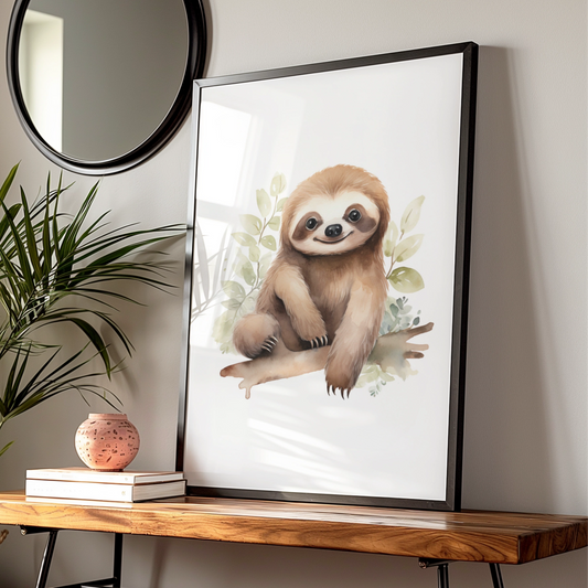 Cute Sloth Nursery Wall Art, Baby Animal Watercolour Poster, Kids Room Decor Print