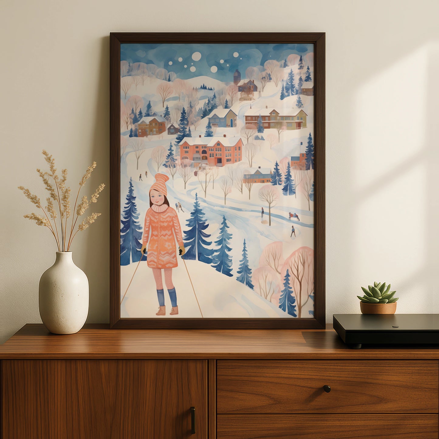 Christmas Winter Village Poster, Ski Girl Snow Scene, Festive Wall Art, Blue Pink Nordic Print