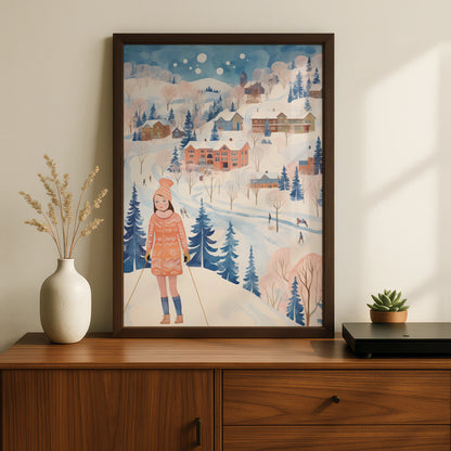 Christmas Winter Village Poster, Ski Girl Snow Scene, Festive Wall Art, Blue Pink Nordic Print