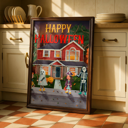 Happy Halloween Trick or Treat Poster, Kids Costume Wall Art, Spooky Neighbourhood Print