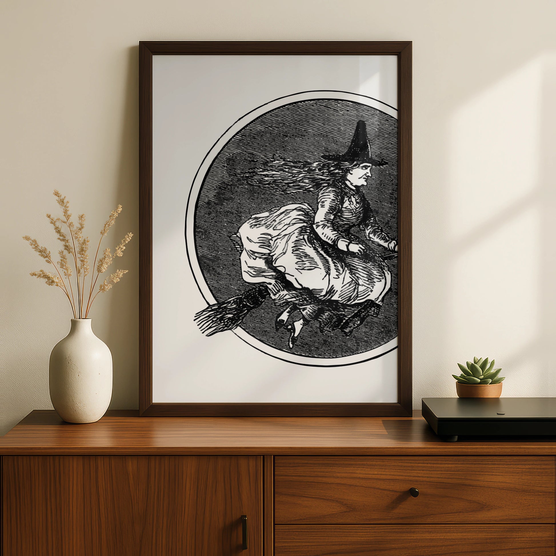 Vintage Witch On Broomstick Halloween Art Print, Gothic Wall Poster, Black White