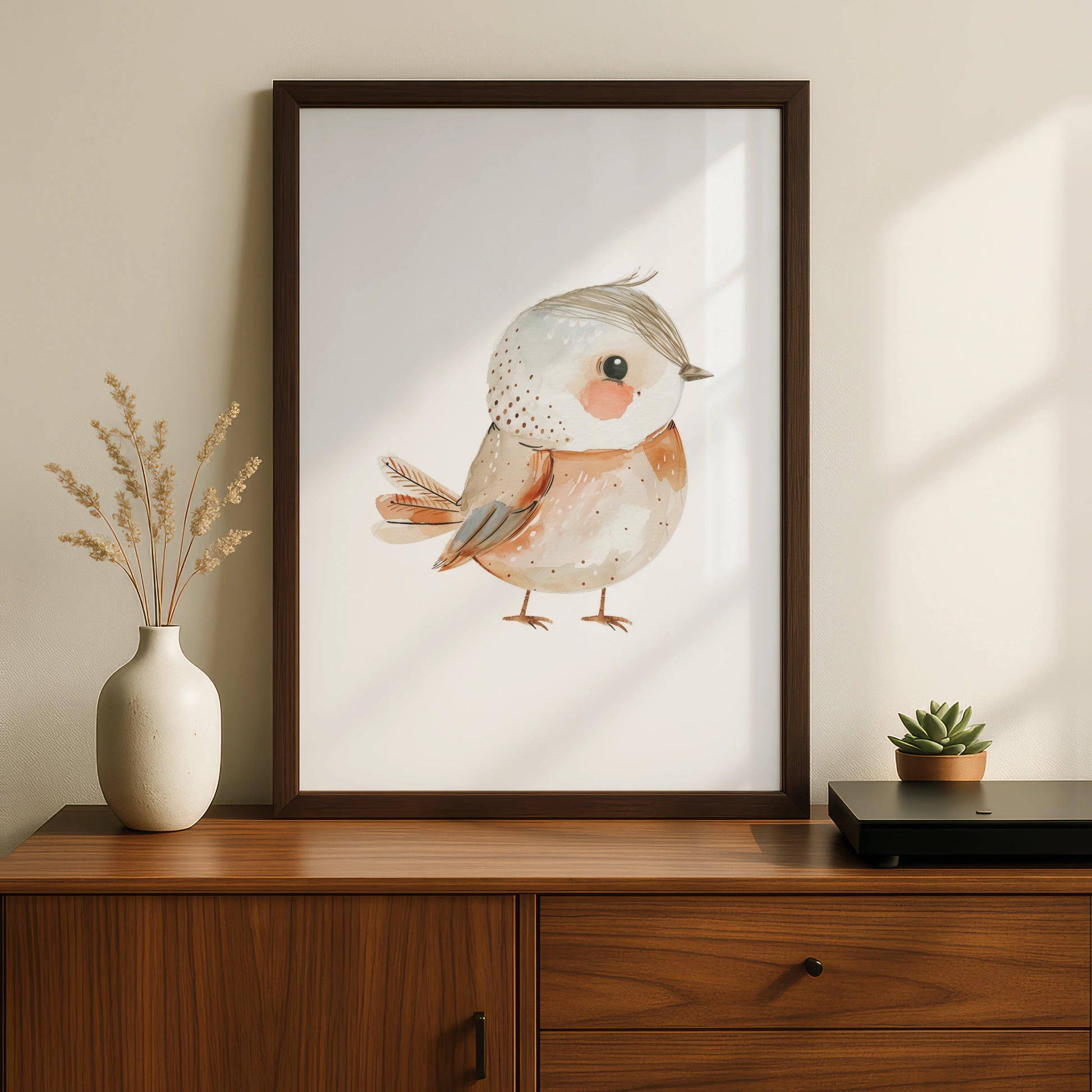Nursery Bird Wall Art, Cute Watercolour Robin Poster, Baby Room Boho Neutral Decor Print