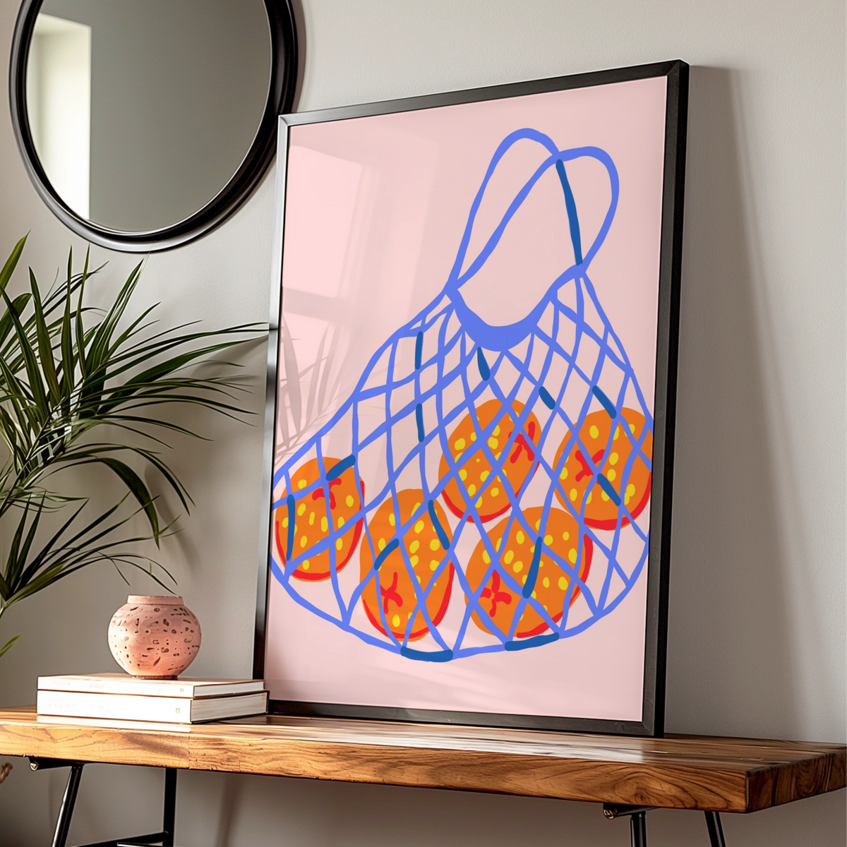 Maximalist Fruit Poster, Bold Orange Net Bag Print, Colourful Kitchen Wall Art Decor