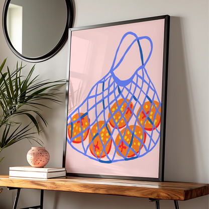 Maximalist Fruit Poster, Bold Orange Net Bag Print, Colourful Kitchen Wall Art Decor