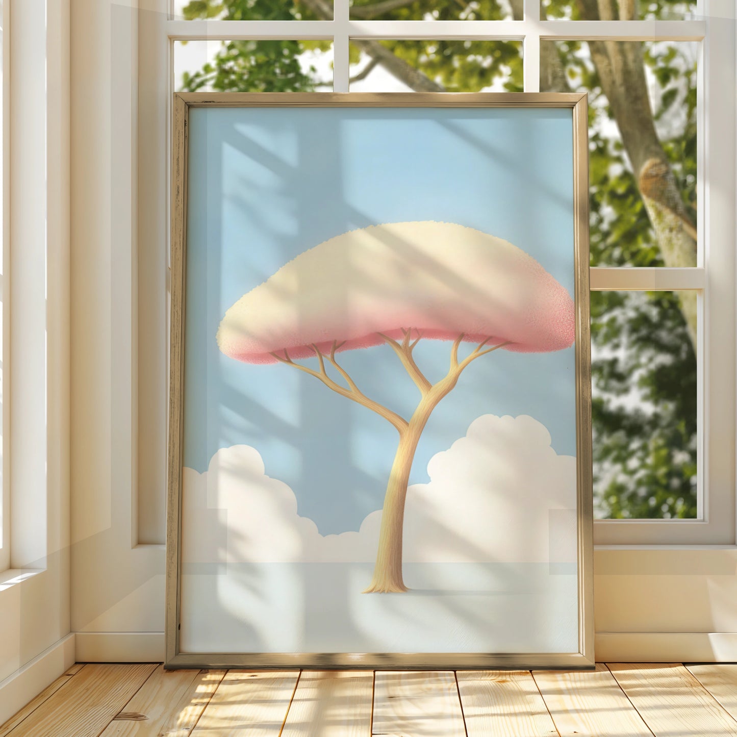 Nursery Tree Wall Art, Pink Pastel Baby Room Print, Minimalist Kids Poster, Blue Sky