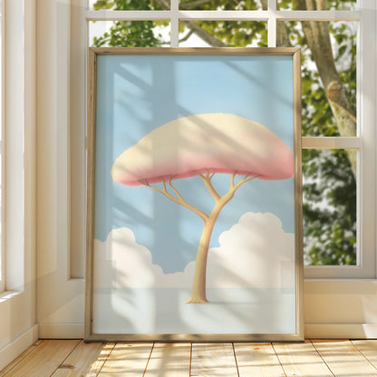 Nursery Tree Wall Art, Pink Pastel Baby Room Print, Minimalist Kids Poster, Blue Sky